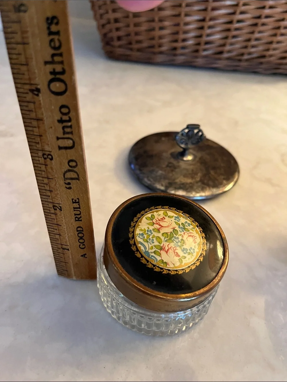 Vintage cut crystal and ornate silver plate lid vanity jar and small floral jar